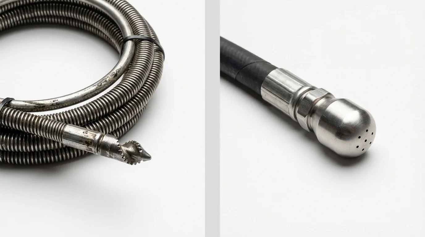 Drain snake cable and hydro jetting nozzle used for drain cleaning in Gibsonville, NC