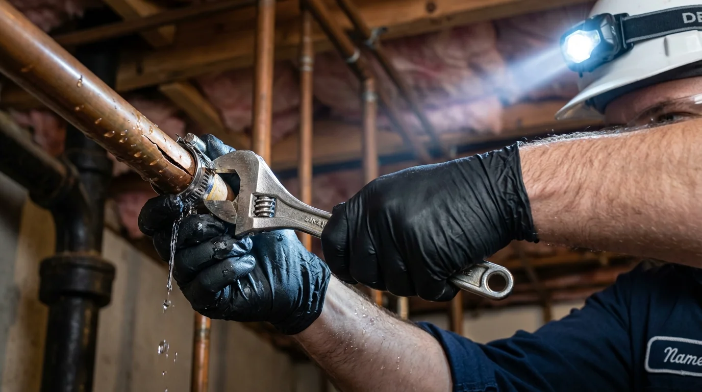 Emergency pipe clamp repair being performed by a Johns Plumbing LLC plumber in Gibsonville