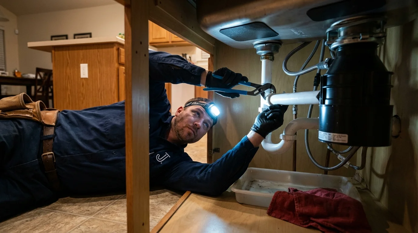 P-trap and supply line connections under a kitchen sink showing a common leak point in Gibsonville, NC